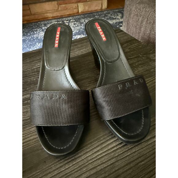 Vintage Prada Sport Patent Leather Black Wedge Y2K Heels Sz.  38.5 - Picture 1 of 8